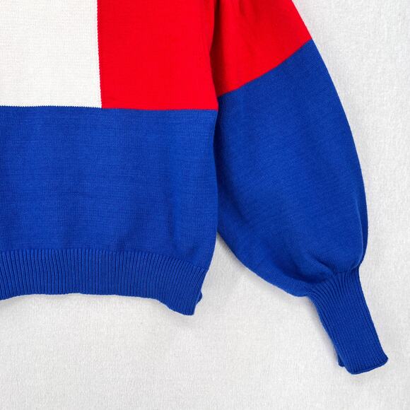 FARM RIO Floral Knit Sweater Women Medium Red White Blue Crew Balloon Colorblock - Picture 10 of 16